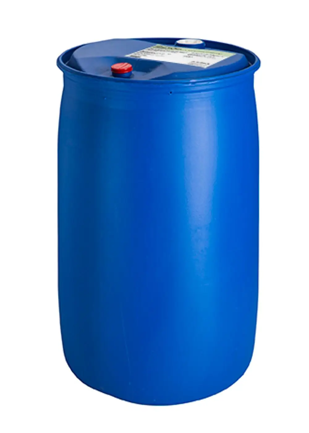 Blaues Fass mit zwei Verschlüssen. Die Kennzeichnung auf dem Deckel weist auf eine Chemikalie hin, die von der Marke Grünbeck stammt.